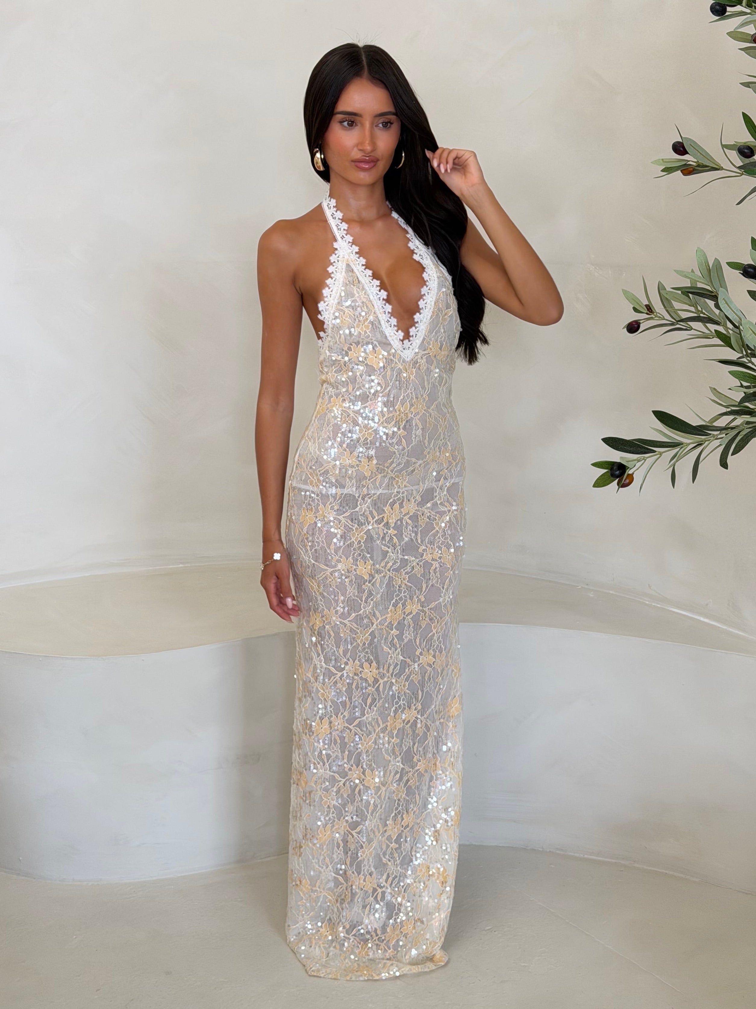 SEQUIN LACE MAXI DRESS LEMON