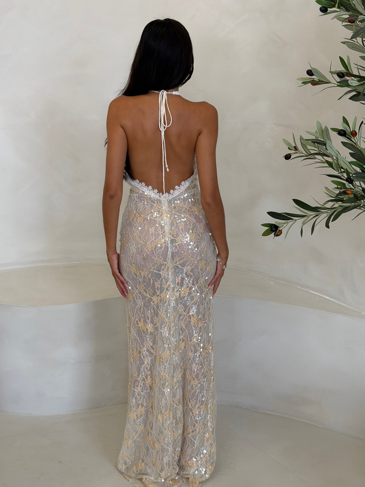 SEQUIN LACE MAXI DRESS LEMON