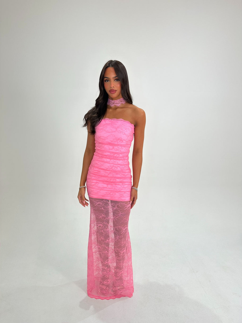 PINK RUCHED LACE MAXI & CHOKER