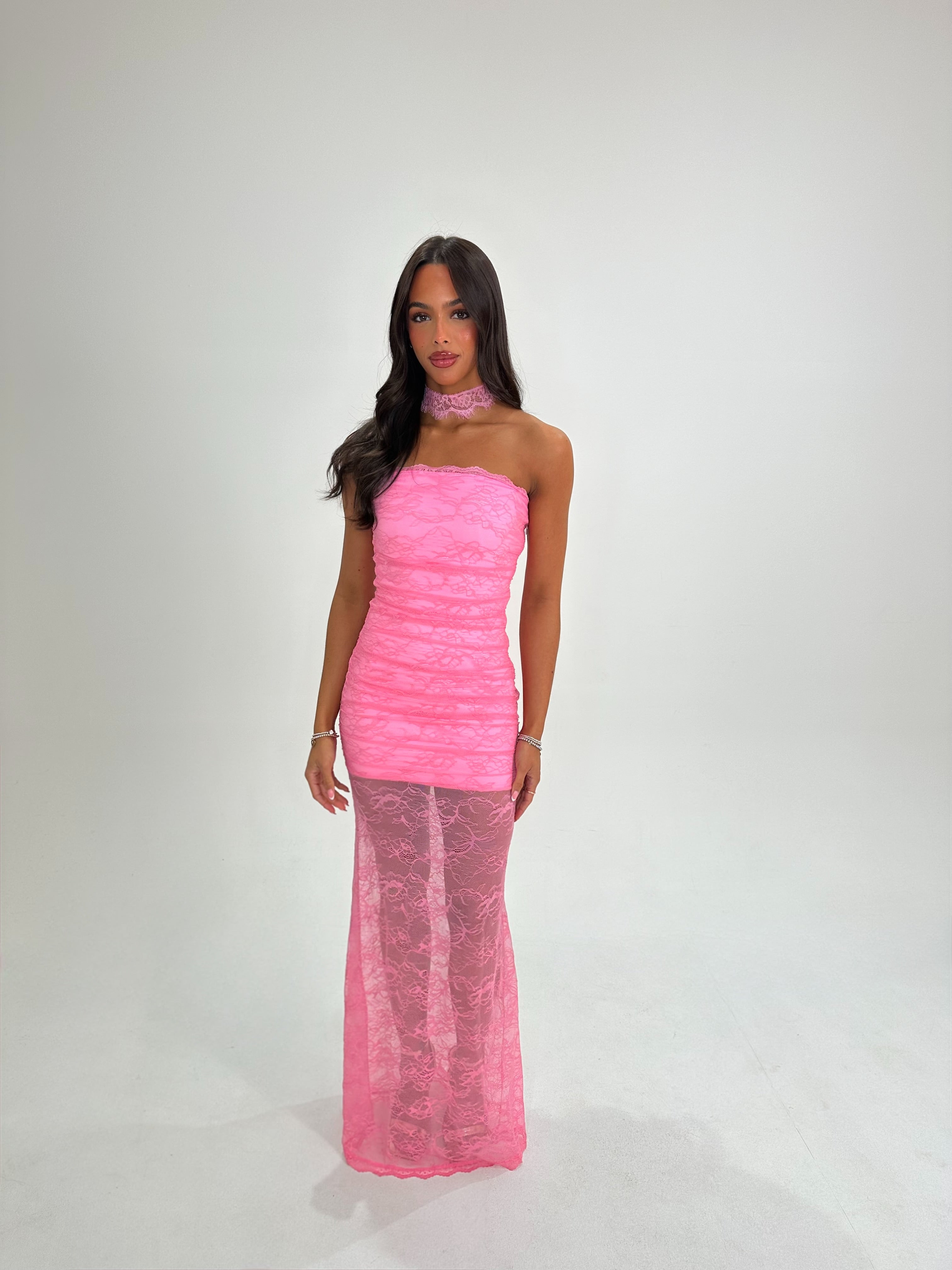 PINK RUCHED LACE MAXI & CHOKER