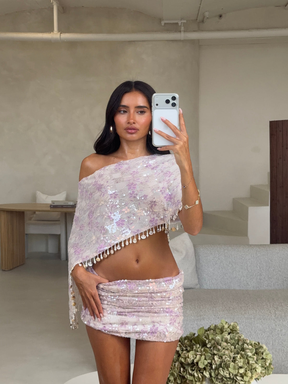 SEQUIN LACE CAPE COORD LILAC